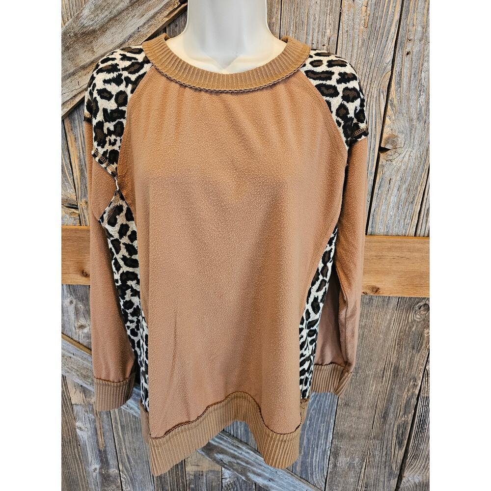 UMGEE leapord print mixed media boho pullover sweater lagenlook size medium M ^